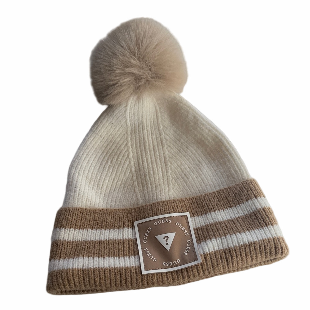 Guess Cream and Tan Stripes Pom-Pom Hat